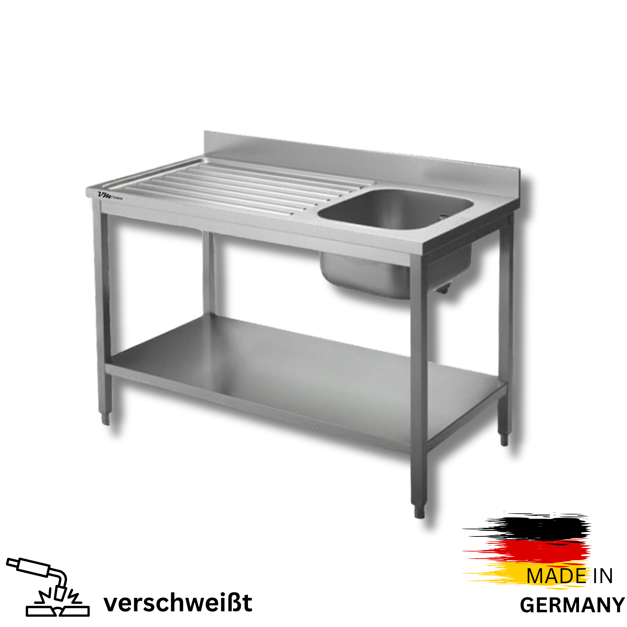 Edelstahl Spültisch 1 Becken rechts, mit Grundboden, mit Aufkantung, Simple - alle Größen zur selbstmontage oder verschweißt