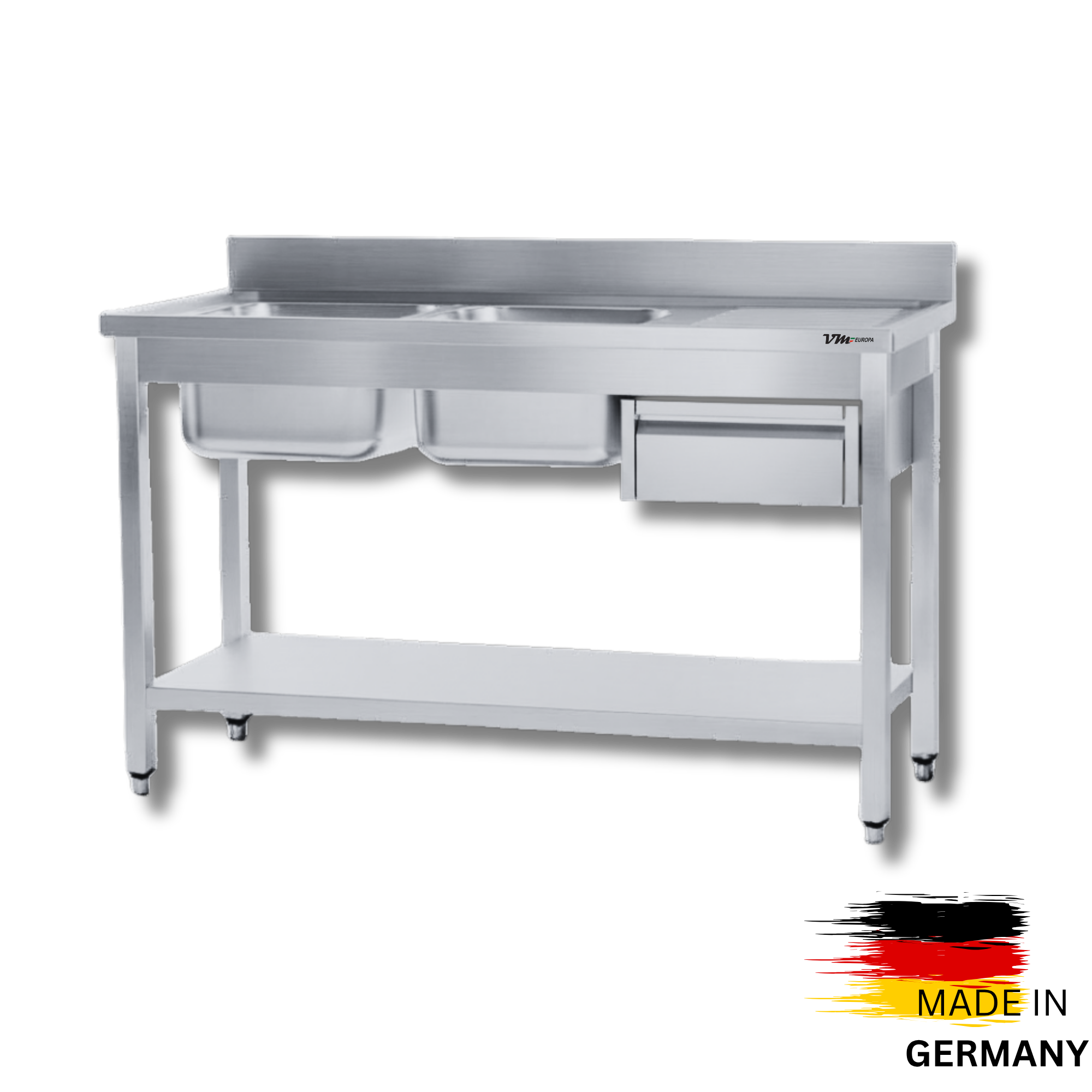 Edelstahl Spültisch 2 Becken links, mit Grundboden, mit Aufkantung, mit einer Schublade, Simple - alle Größen zur selbstmontage oder verschweißt