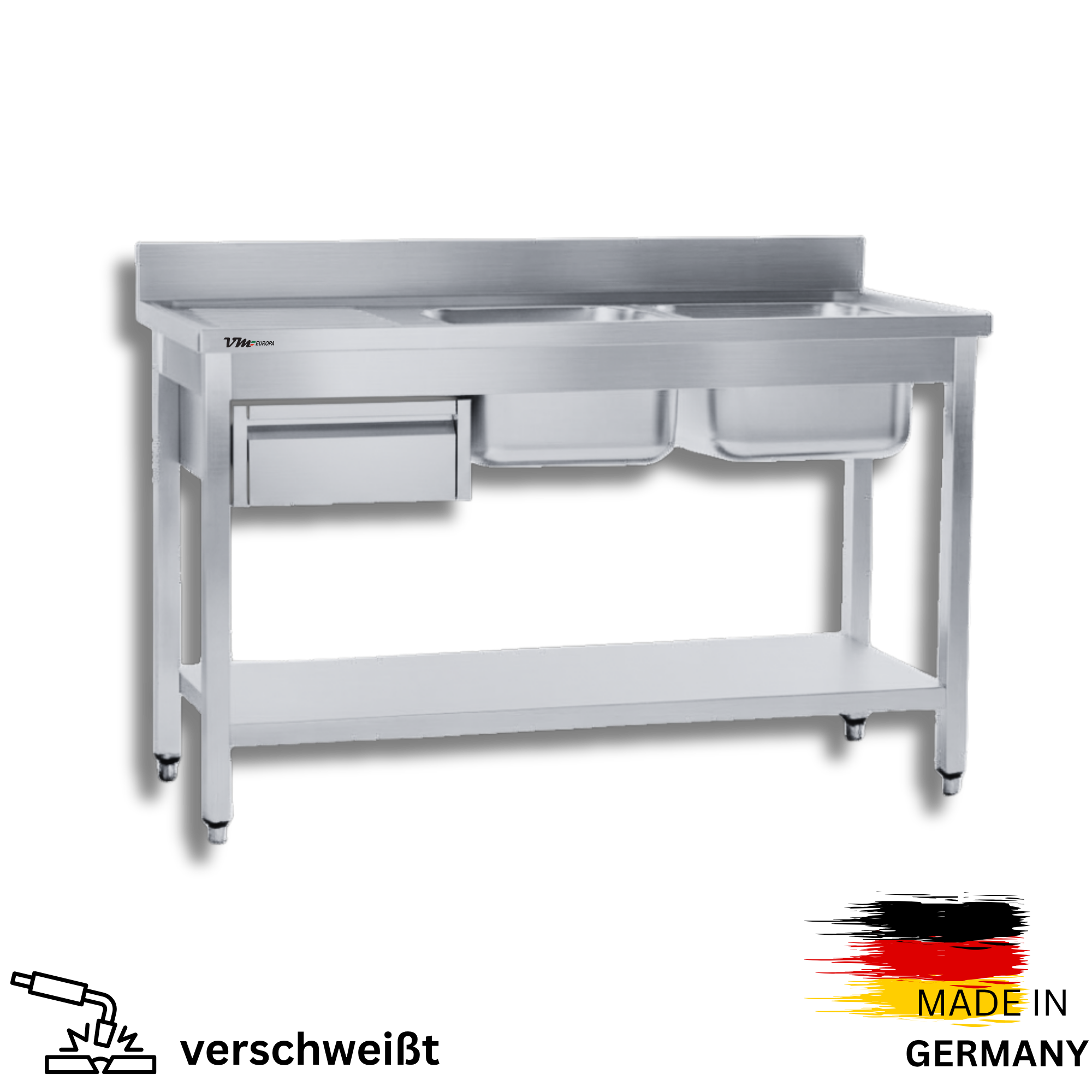 Edelstahl Spültisch 2 Becken rechts, mit Grundboden, mit Aufkantung, mit Schublade, Simple - alle Größen zur selbstmontage oder verschweißt