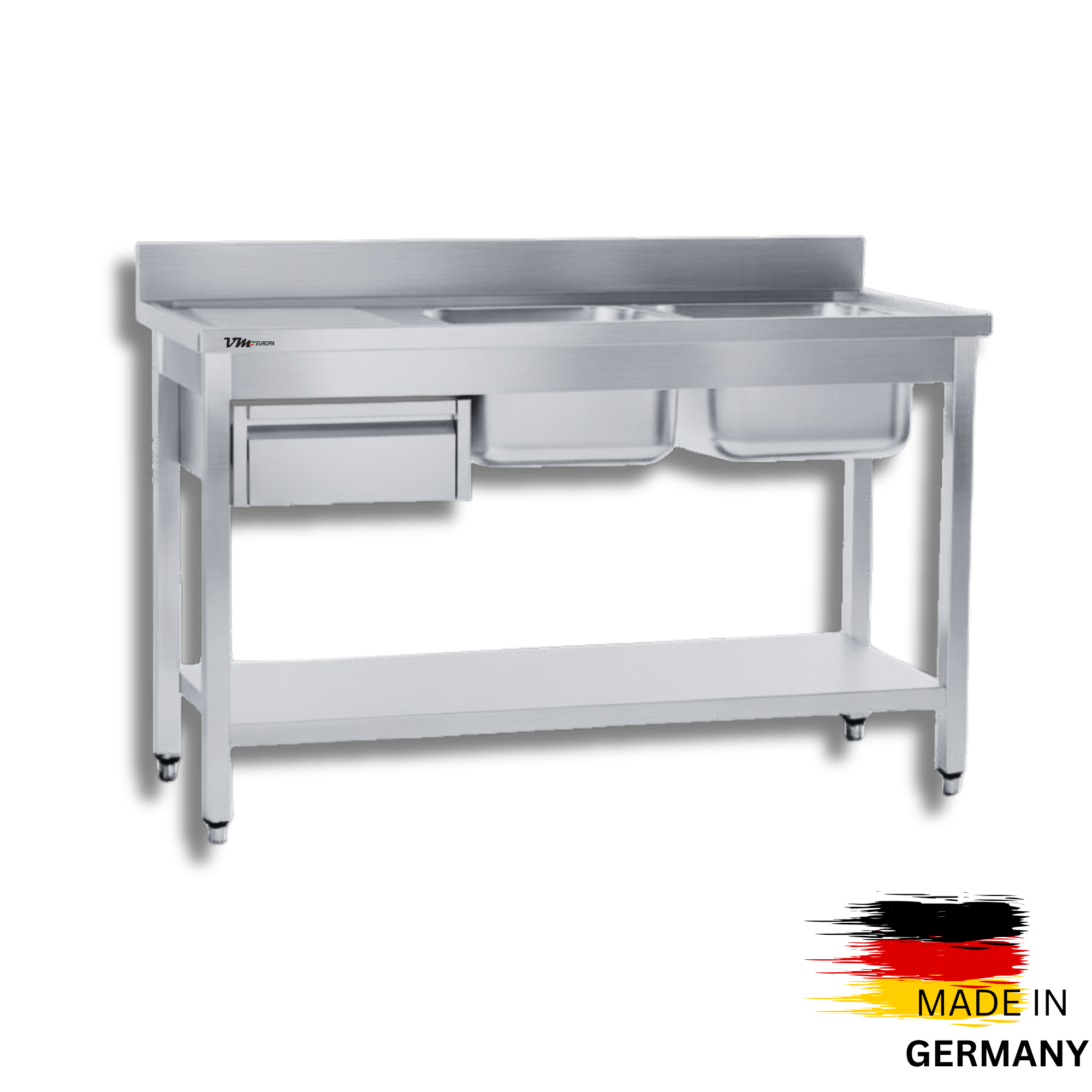 Edelstahl Spültisch 2 Becken rechts, mit Grundboden, mit Aufkantung, mit Schublade, Simple - alle Größen zur selbstmontage oder verschweißt