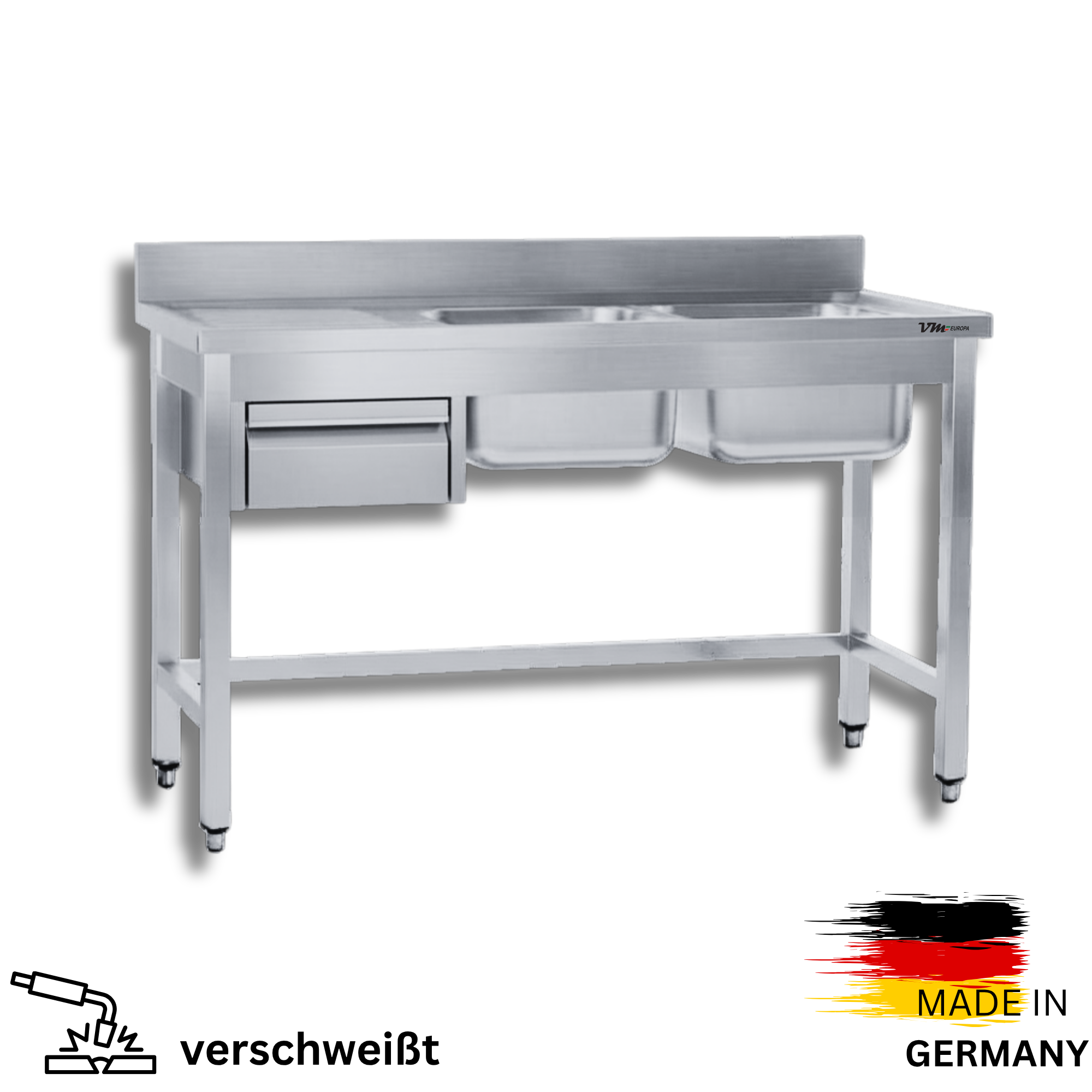 Edelstahl Spültisch 2 Becken rechts, ohne Grundboden, mit Aufkantung, mit einer Schublade, Simple - alle Größen zur selbstmontage oder verschweißt