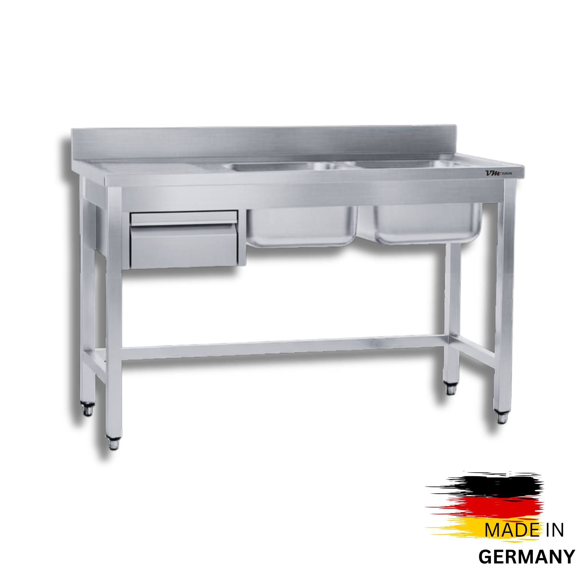 Edelstahl Spültisch 2 Becken rechts, ohne Grundboden, mit Aufkantung, mit einer Schublade, Simple - alle Größen zur selbstmontage oder verschweißt