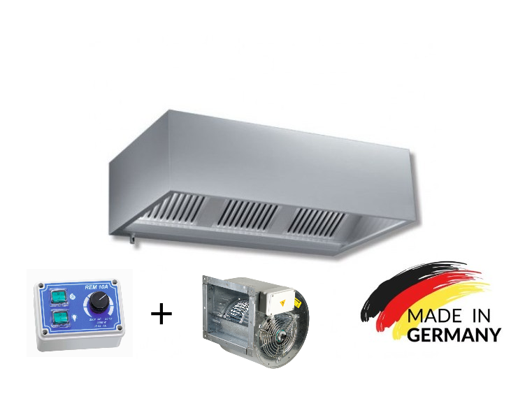 Edelstahl Kastenhaube mit Motor und Regler als Set in verschiedenen Maßen - mit Flammenschutz Filter Typ B und LED Lampe - VM Europa