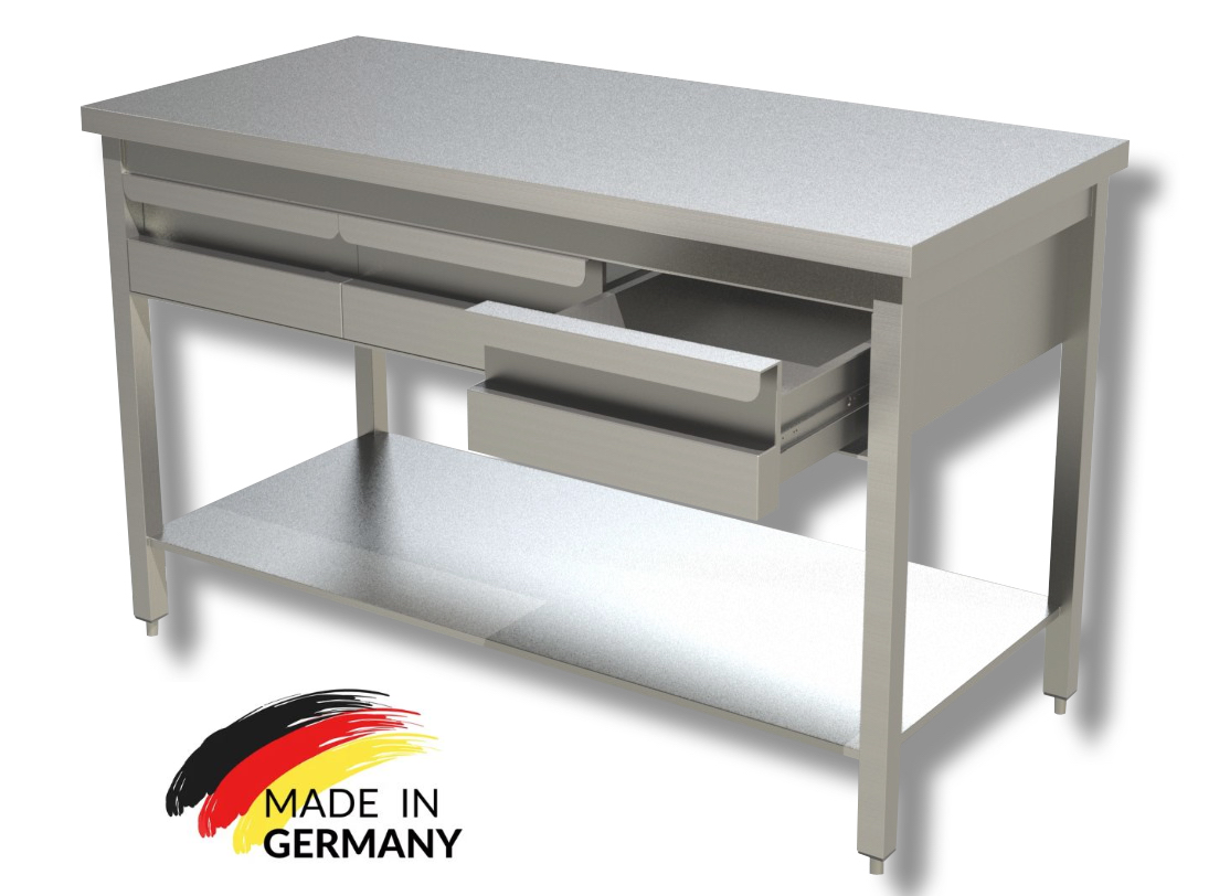 Edelstahl Arbeitstisch mit Schubladen oben, mit Grundboden Premium - alle Größen zur selbstmontage