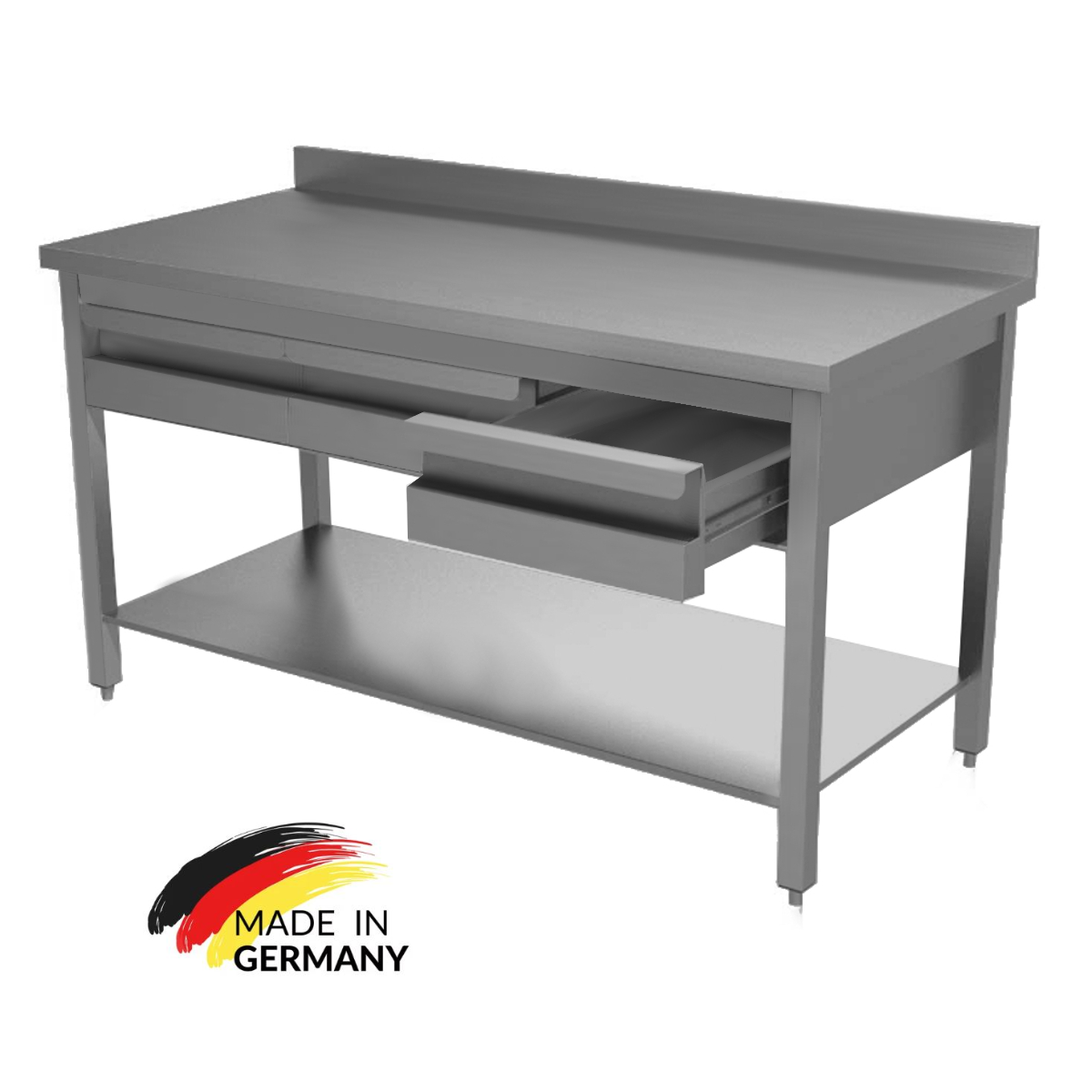 Edelstahl Arbeitstisch mit Schubladen oben, mit Grundboden Premium - alle Größen zur selbstmontage