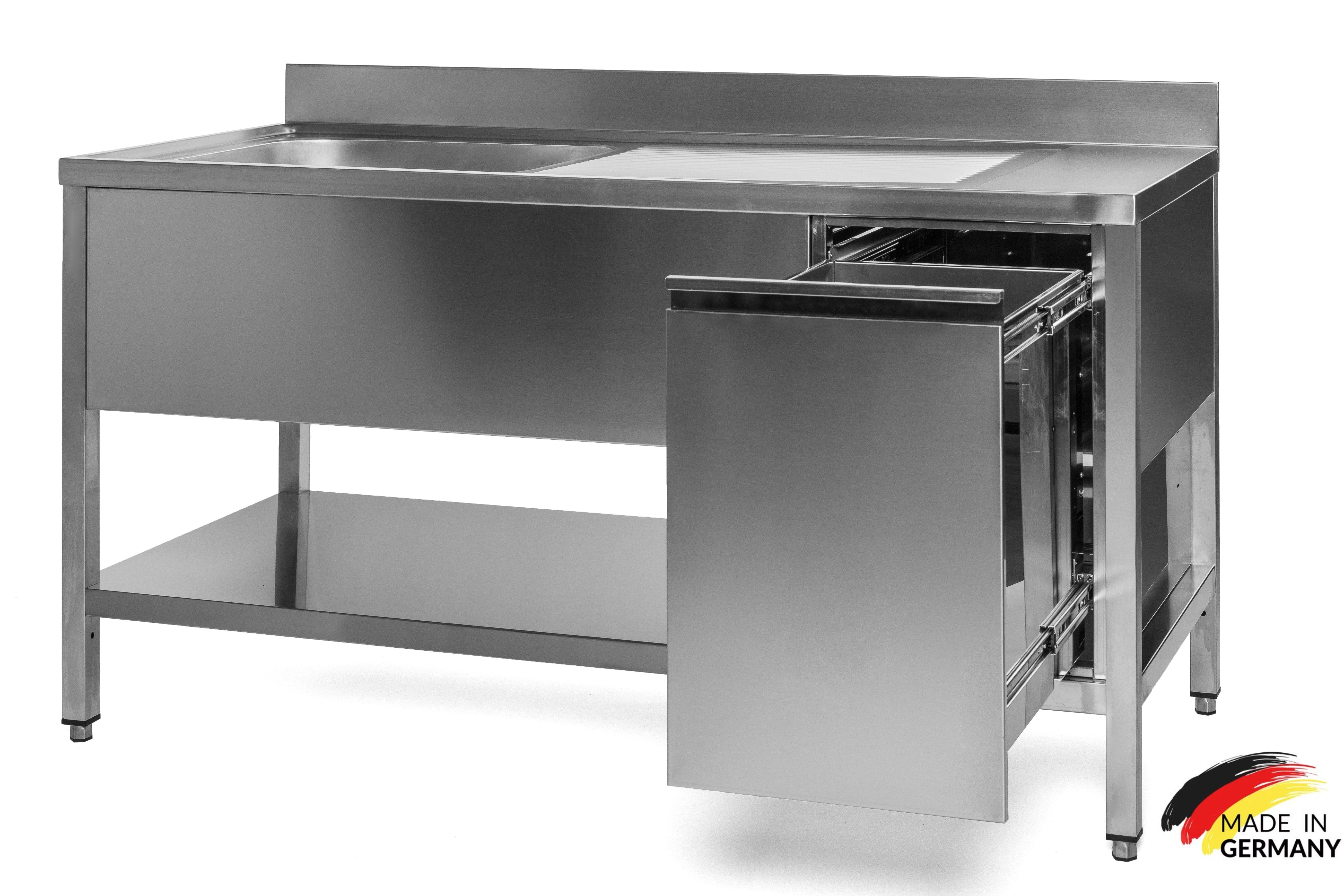 Edelstahl Spültisch 1 Becken links, mit Grundboden, mit Aufkantung, Abfallbehälter rechts, Premium - alle Größen montiert