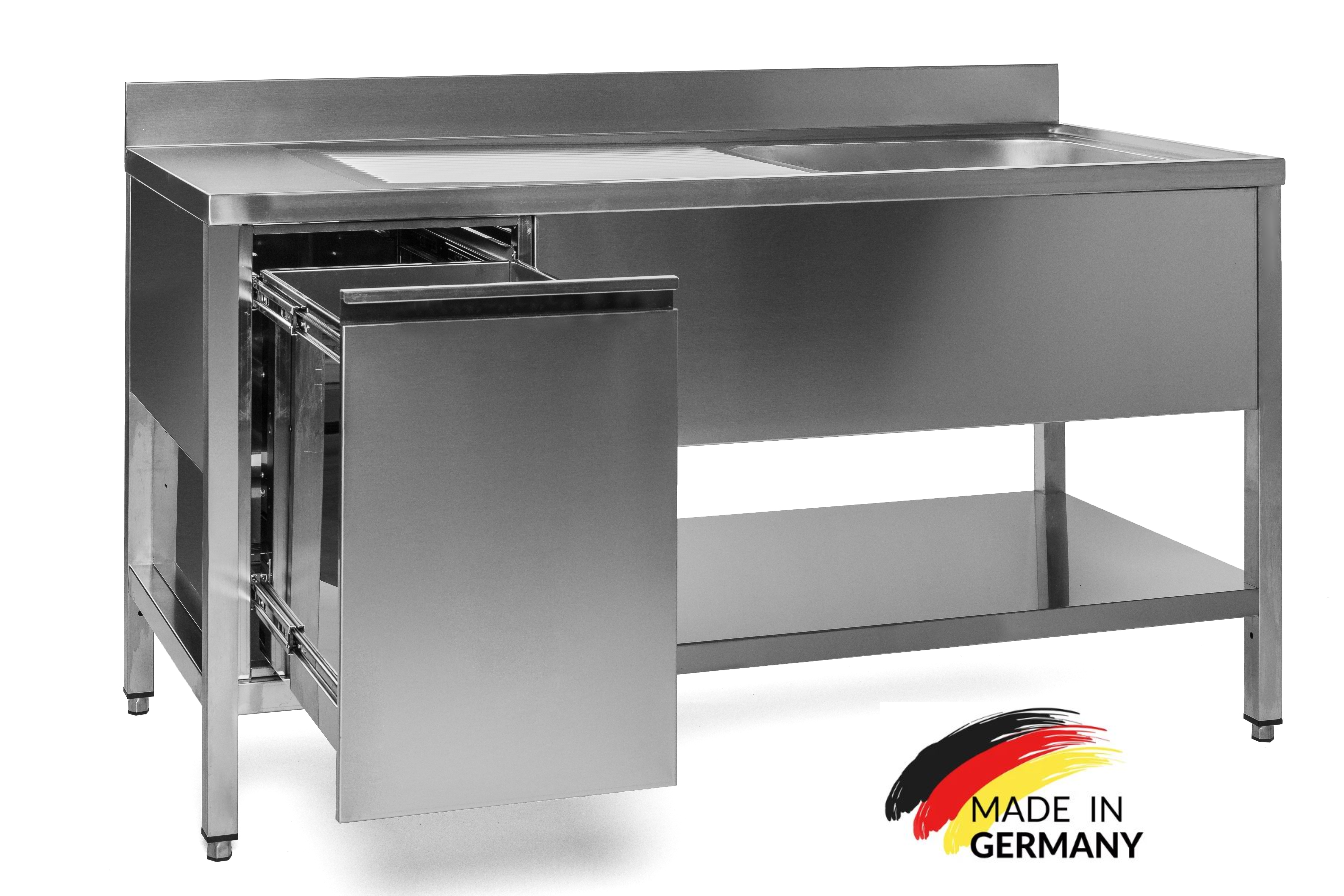 Edelstahl Spültisch 1 Becken rechts, mit Grundboden, mit Aufkantung, Abfallbehälter links, Premium - alle Größen montiert