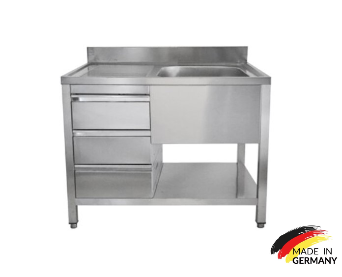 Edelstahl Spültisch 1 Becken rechts, 3 Schubladen links, mit Grundboden, mit Aufkantung, Premium - alle Größen montiert