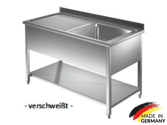 Edelstahl Spültisch 1 Becken rechts, mit Grundboden, mit Aufkantung, Premium - alle Größen zur selbstmontage oder verschweißt
