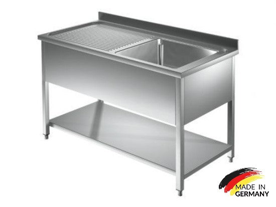 Edelstahl Spültisch 1 Becken rechts, mit Grundboden, mit Aufkantung, Premium - alle Größen zur selbstmontage oder verschweißt
