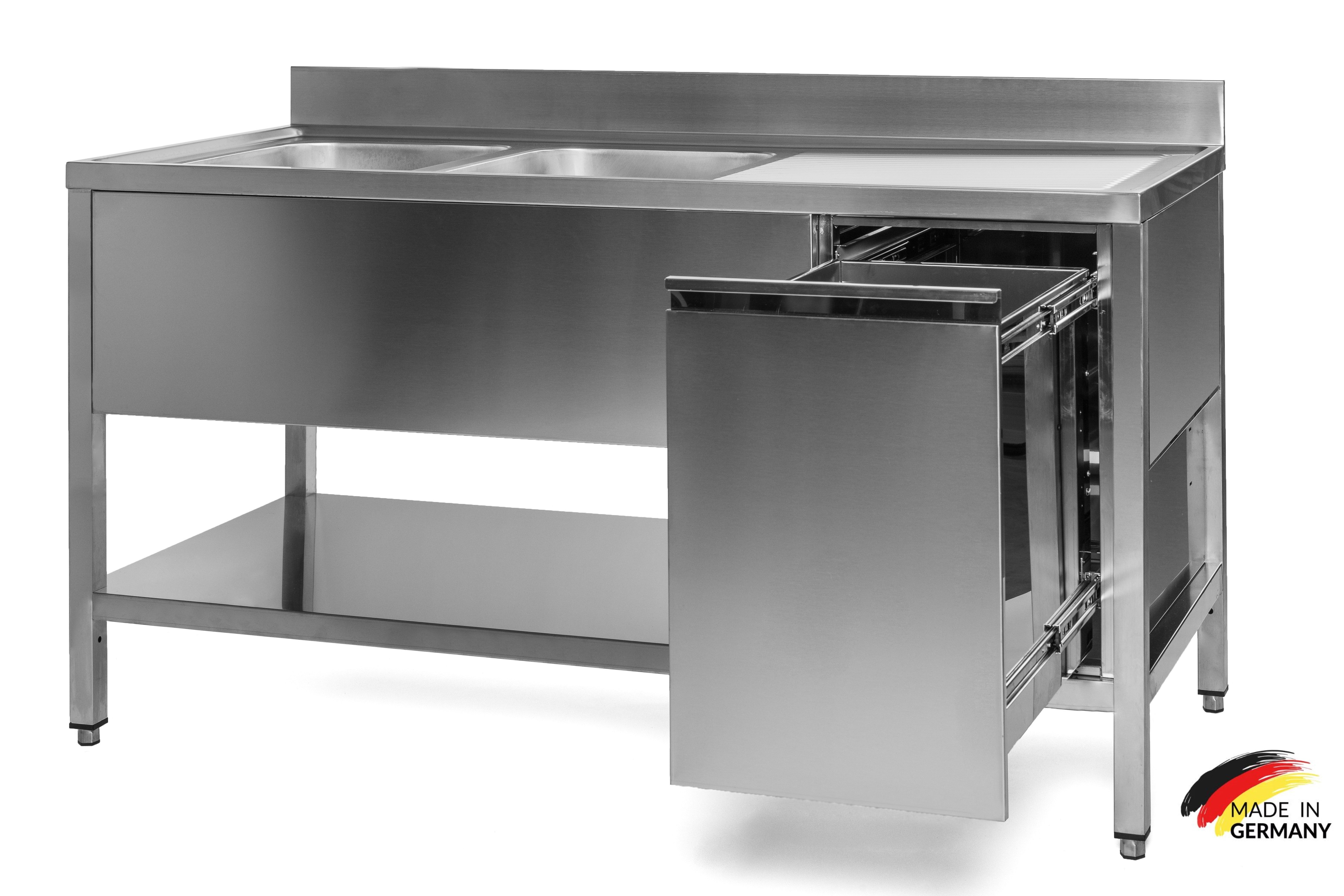Edelstahl Spültisch 2 Becken links, mit Grundboden, mit Aufkantung, Abfallbehälter rechts, Premium - alle Größen montiert