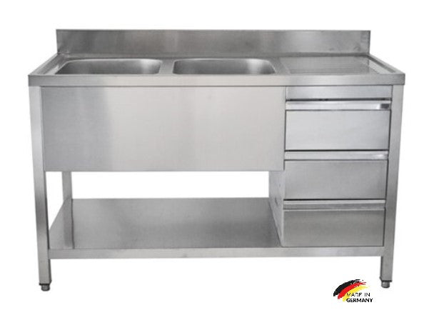 Edelstahl Spültisch 2 Becken links, mit Grundboden, mit Aufkantung, 3 Schubladen rechts, Premium - alle Größen montiert