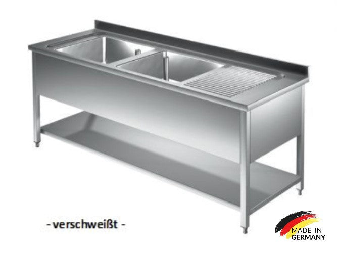 Edelstahl Spültisch 2 Becken links, mit Grundboden, mit Aufkantung, Premium - alle Größen zur selbstmontage oder verschweißt