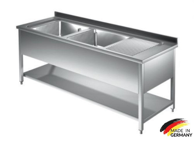 Edelstahl Spültisch 2 Becken links, mit Grundboden, mit Aufkantung, Premium - alle Größen zur selbstmontage oder verschweißt