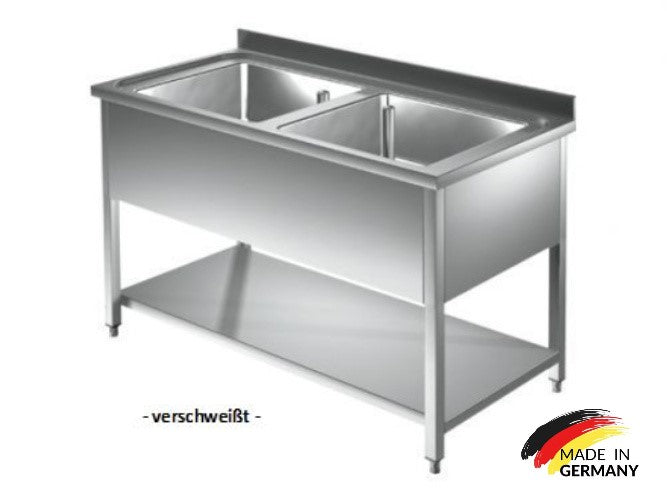 Edelstahl Spültisch 2 Becken mittig, mit Grundboden, mit Aufkantung, Premium - alle Größen zur selbstmontage oder verschweißt