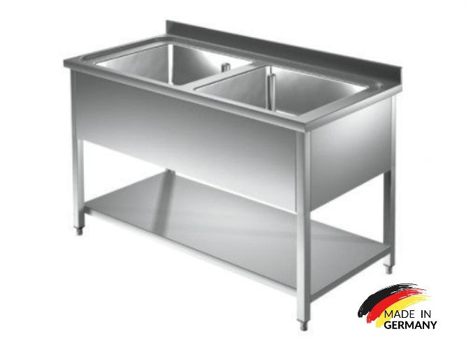 Edelstahl Spültisch 2 Becken mittig, mit Grundboden, mit Aufkantung, Premium - alle Größen zur selbstmontage oder verschweißt