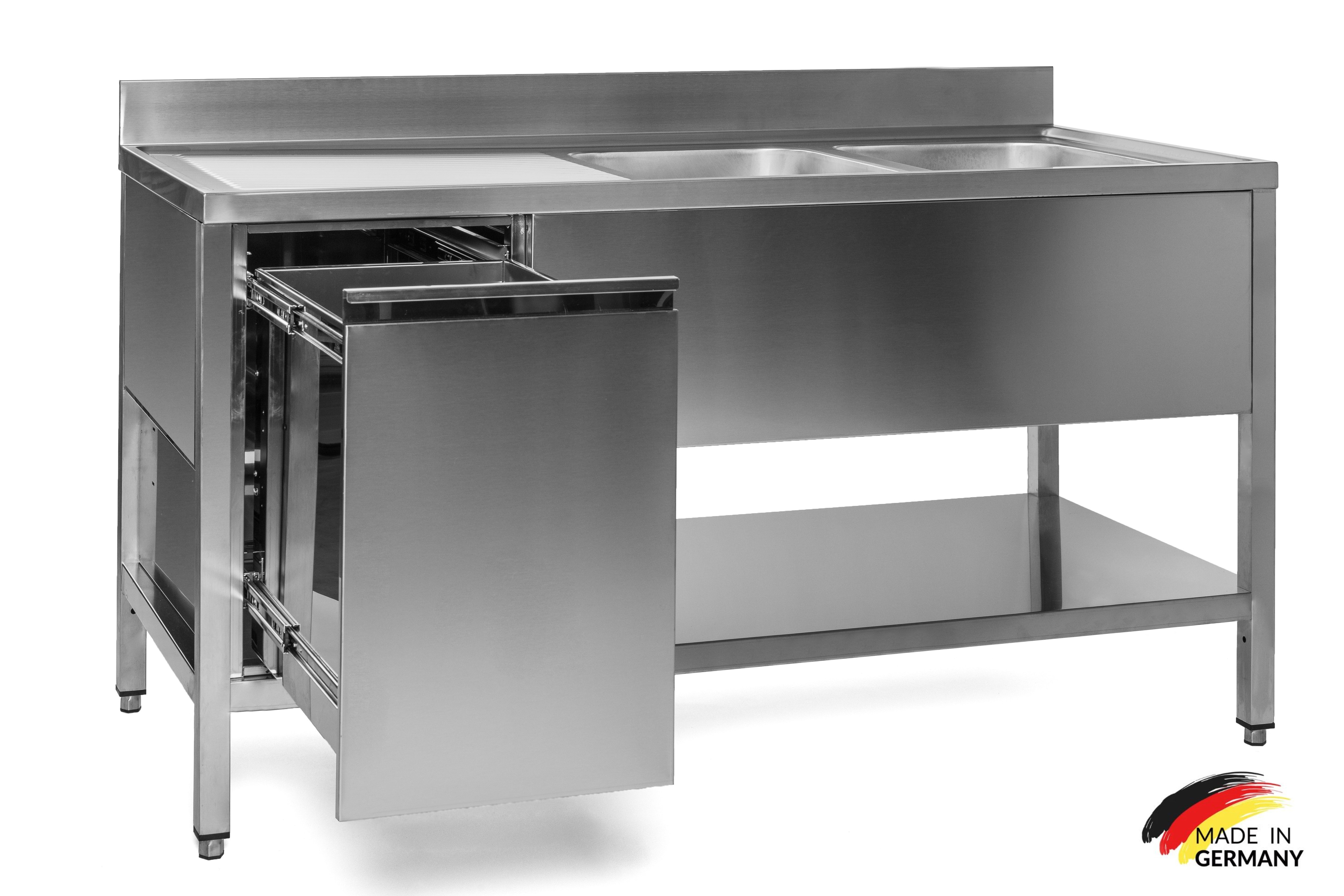 Edelstahl Spültisch 2 Becken rechts, mit Grundboden, mit Aufkantung, Abfallbehälter links, Premium - alle Größen montiert