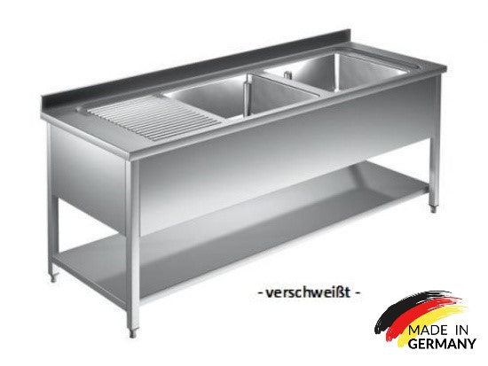 Edelstahl Spültisch 2 Becken rechts, mit Grundboden, mit Aufkantung, Premium - alle Größen zur selbstmontage oder verschweißt