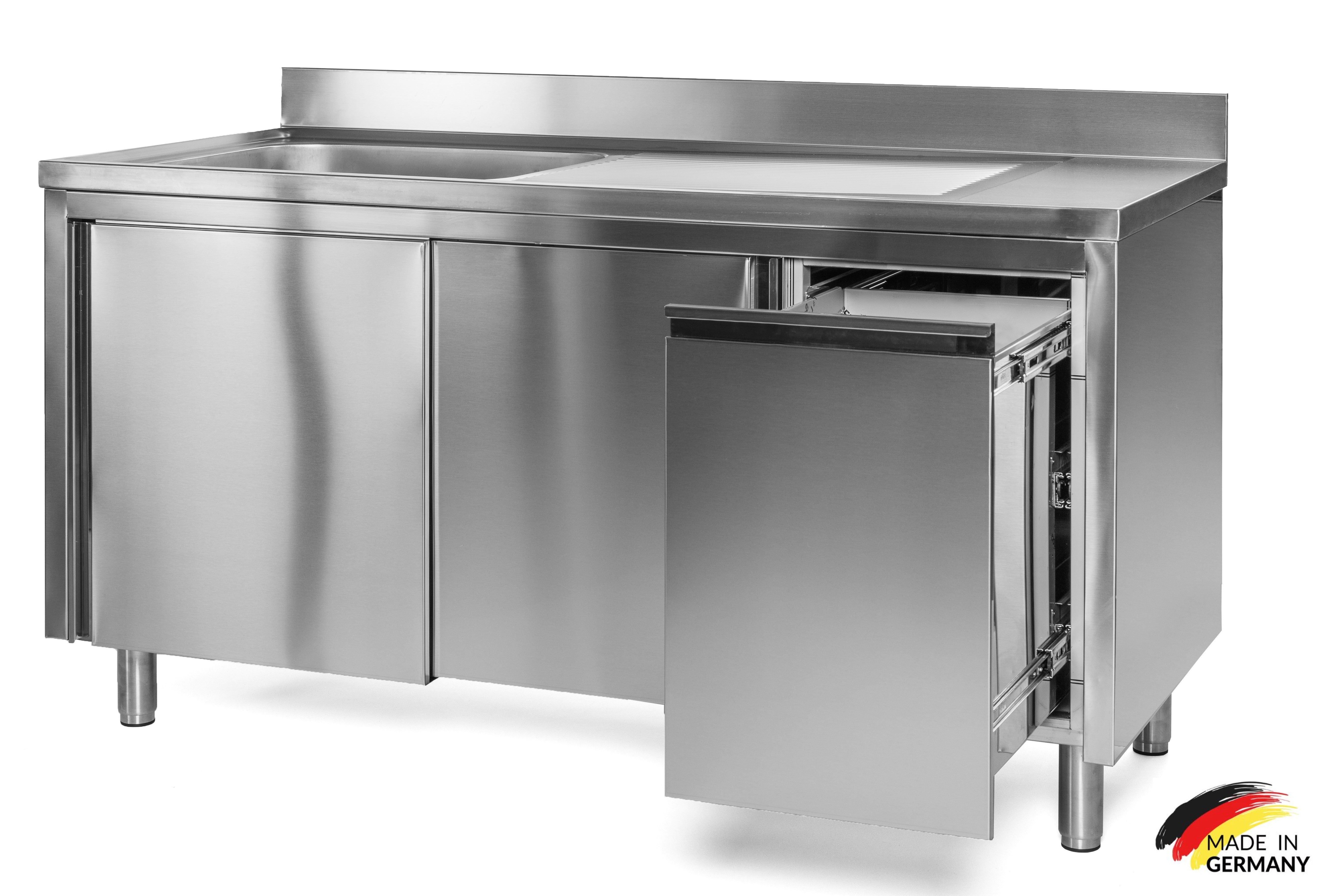 Edelstahl Spülschrank 1 Becken links, mit Aufkantung, Abfallbehälter rechts, Premium - alle Größen montiert
