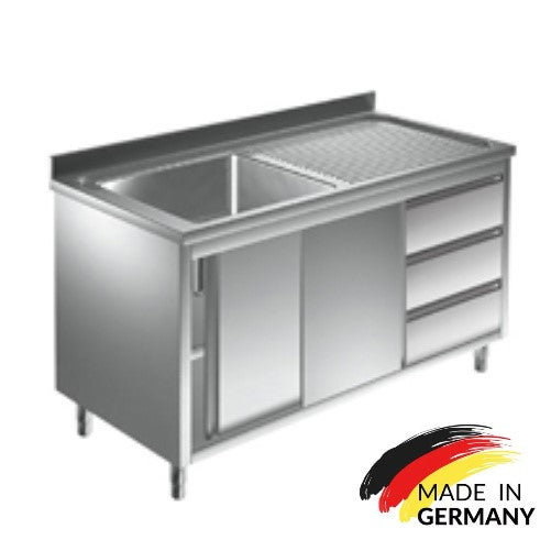 Edelstahl Spülschrank 1 Becken mittig, mit Aufkantung, Premium - alle Größen montiert