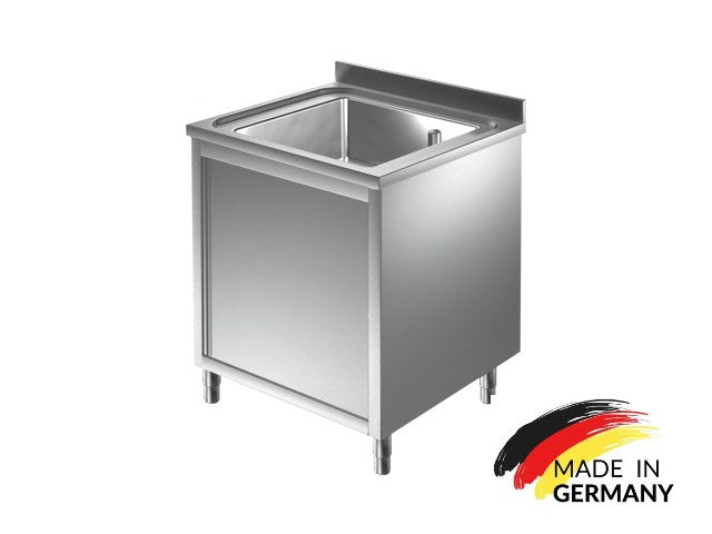 Edelstahl Spülschrank 1 Becken mittig, mit Aufkantung, Premium - alle Größen montiert