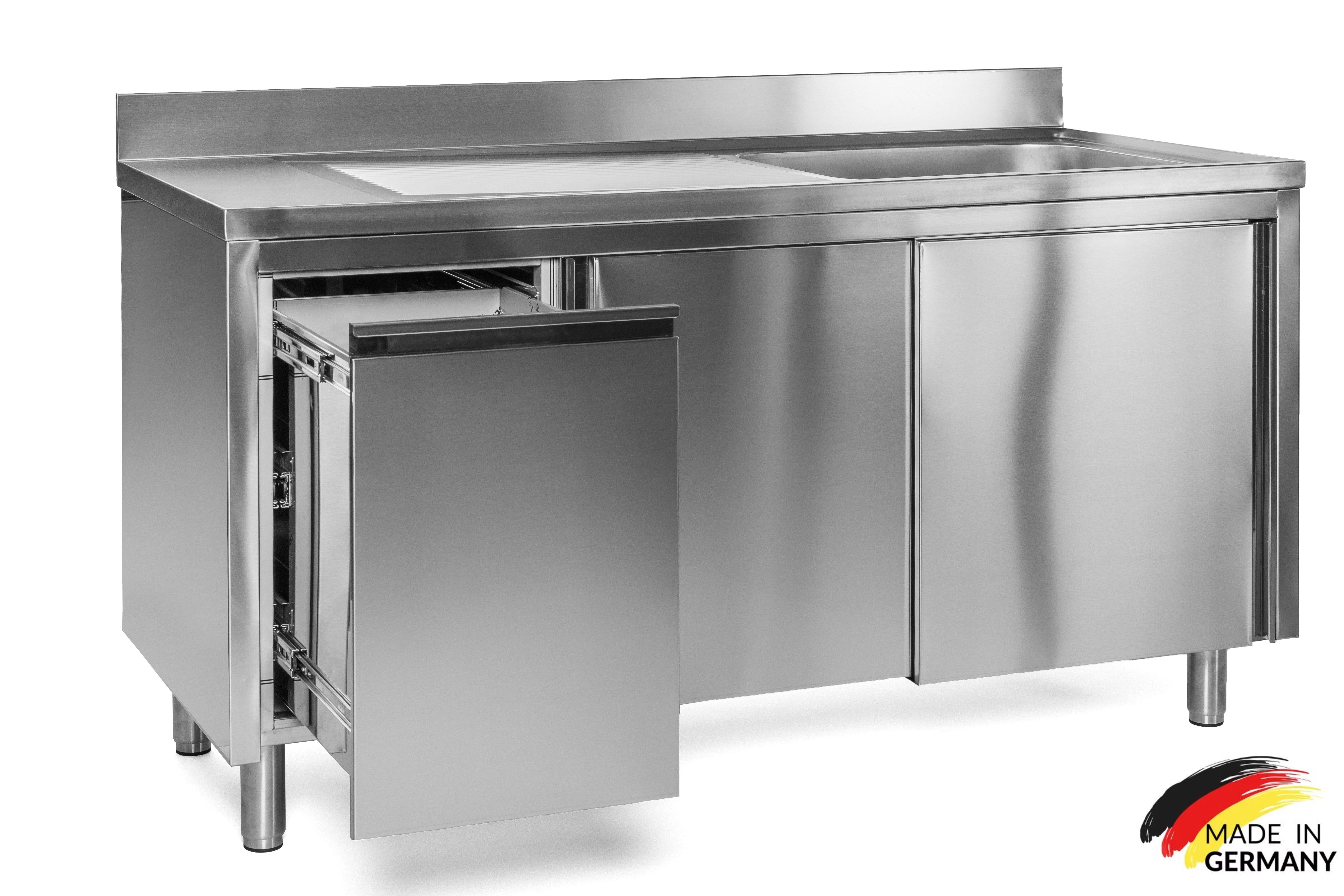 Edelstahl Spülschrank 1 Becken rechts, mit Aufkantung, Abfallbehälter links, Premium - alle Größen montiert