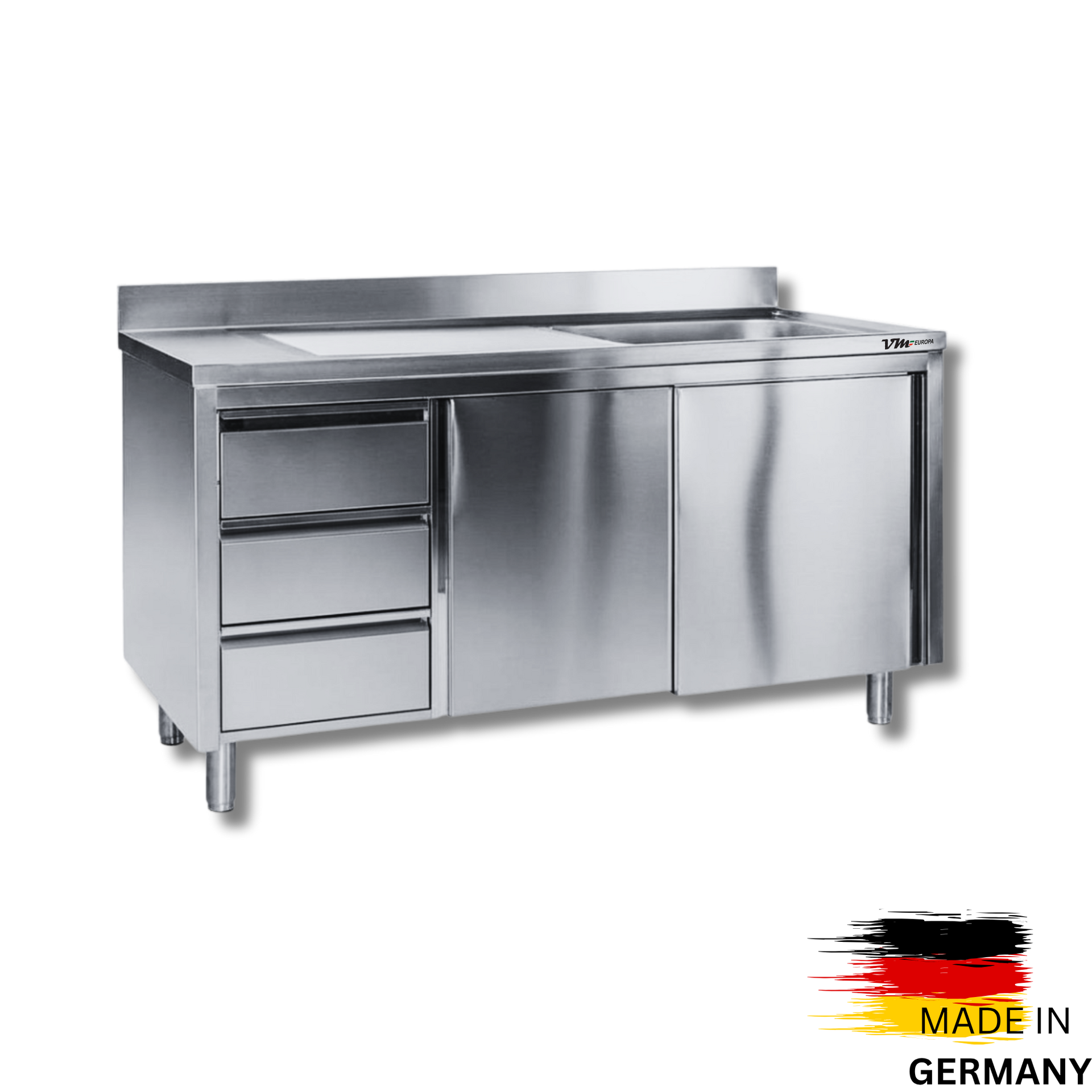 Edelstahl Spülschrank 1 Becken rechts, mit Aufkantung, 3 Schubalden links, Premium - alle Größen montiert