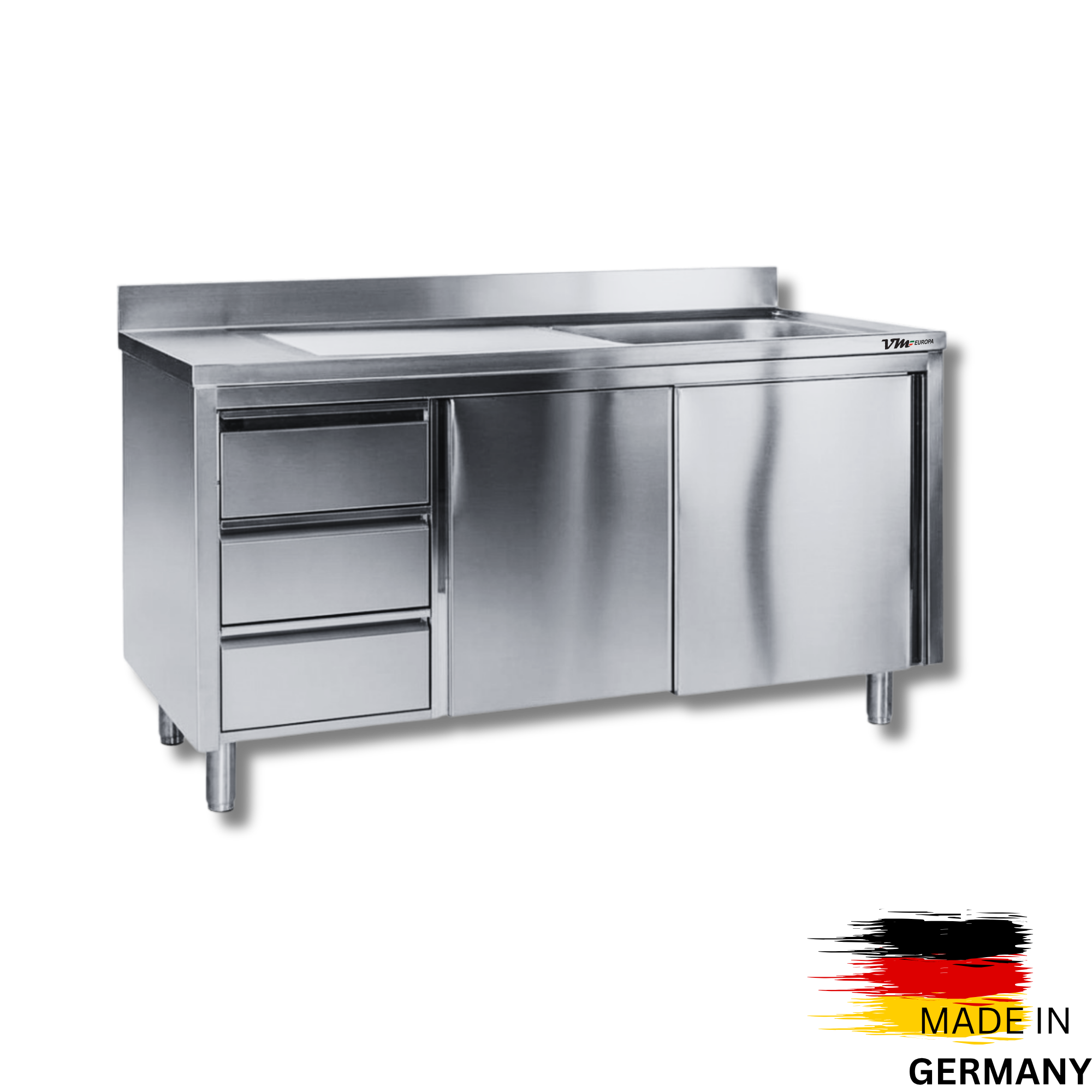 Edelstahl Spülschrank 1 Becken rechts, mit Aufkantung, 3 Schubalden links, Premium - alle Größen montiert