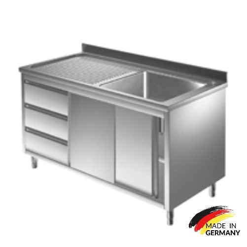 Edelstahl Spülschrank 1 Becken rechts, mit Aufkantung, 3 Schubalden links, Premium - alle Größen montiert