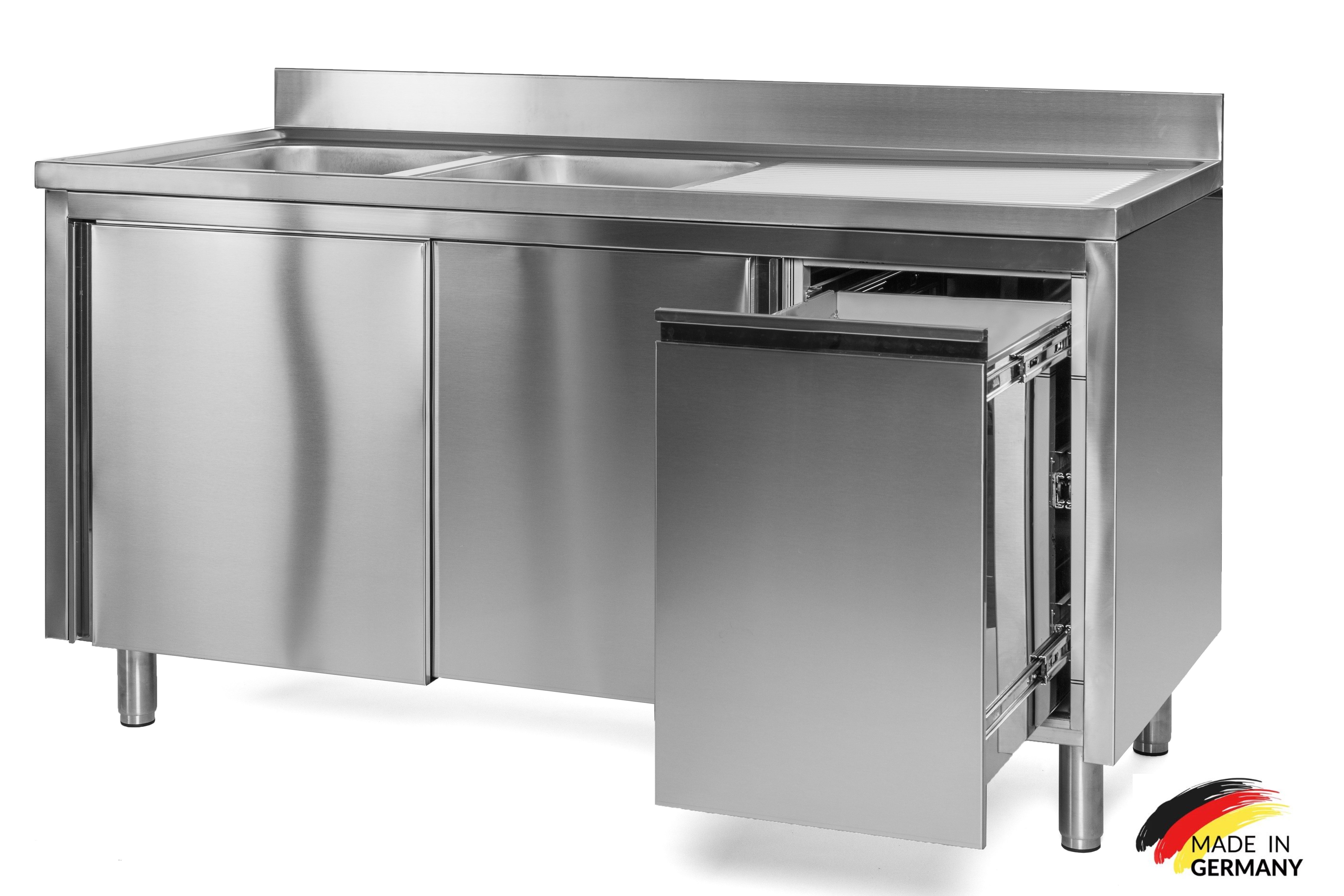 Edelstahl Spülschrank 2 Becken links, mit Aufkantung, Abfallbehälter rechts, Premium - alle Größen montiert
