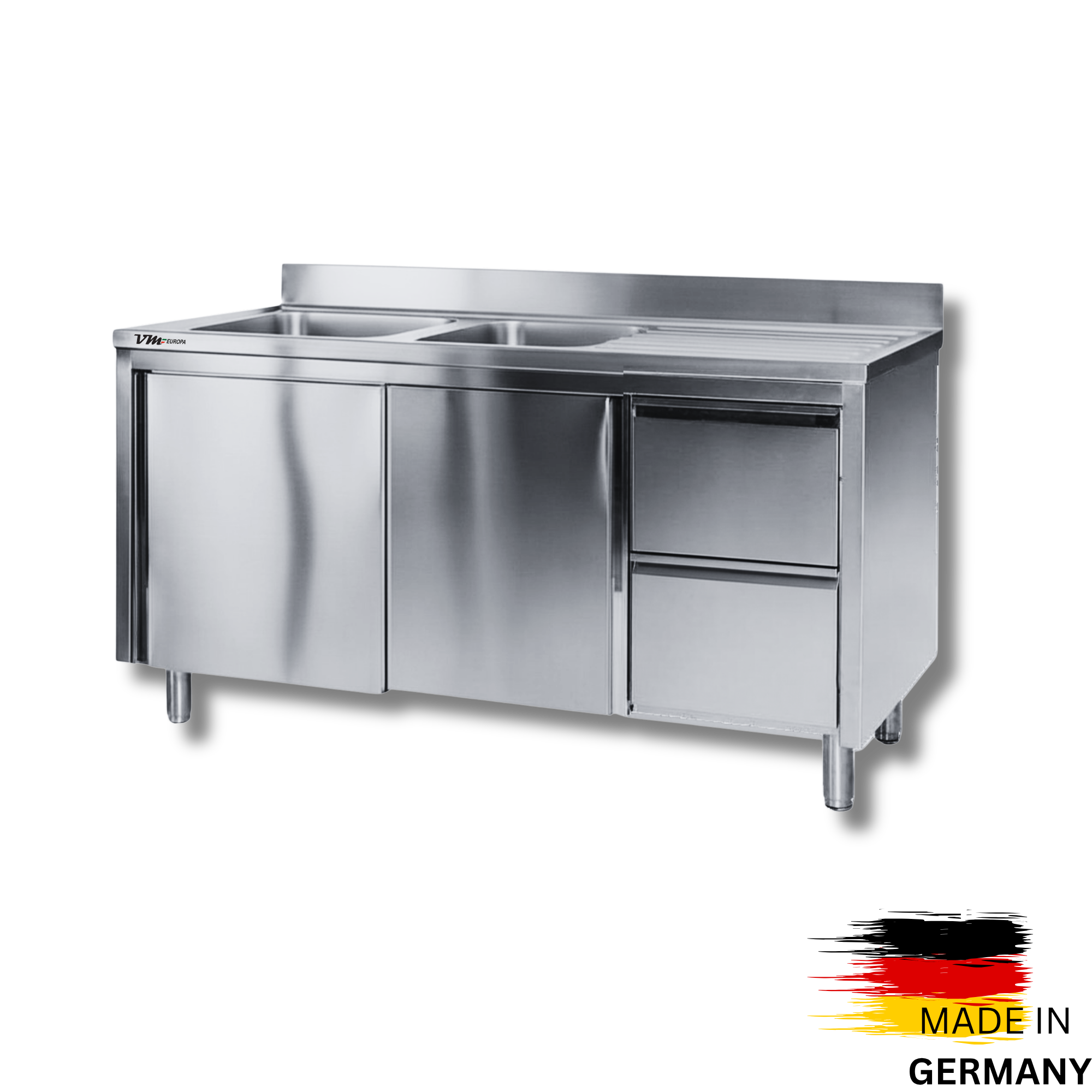 Edelstahl Spülschrank 2 Becken links, mit Aufkantung, 2 Schubladen rechts, Premium - alle Größen montiert