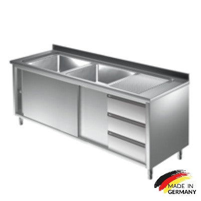 Edelstahl Spülschrank 2 Becken links, mit Aufkantung, 3 Schubladen rechts, Premium - alle Größen montiert