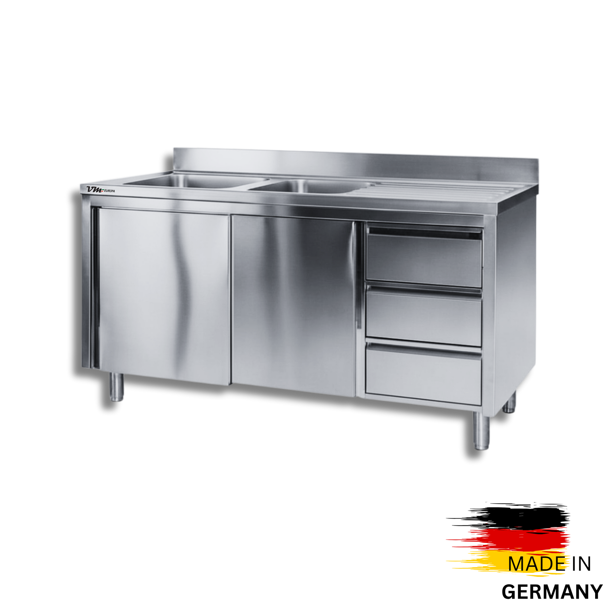 Edelstahl Spülschrank 2 Becken links, mit Aufkantung, 3 Schubladen rechts, Premium - alle Größen montiert