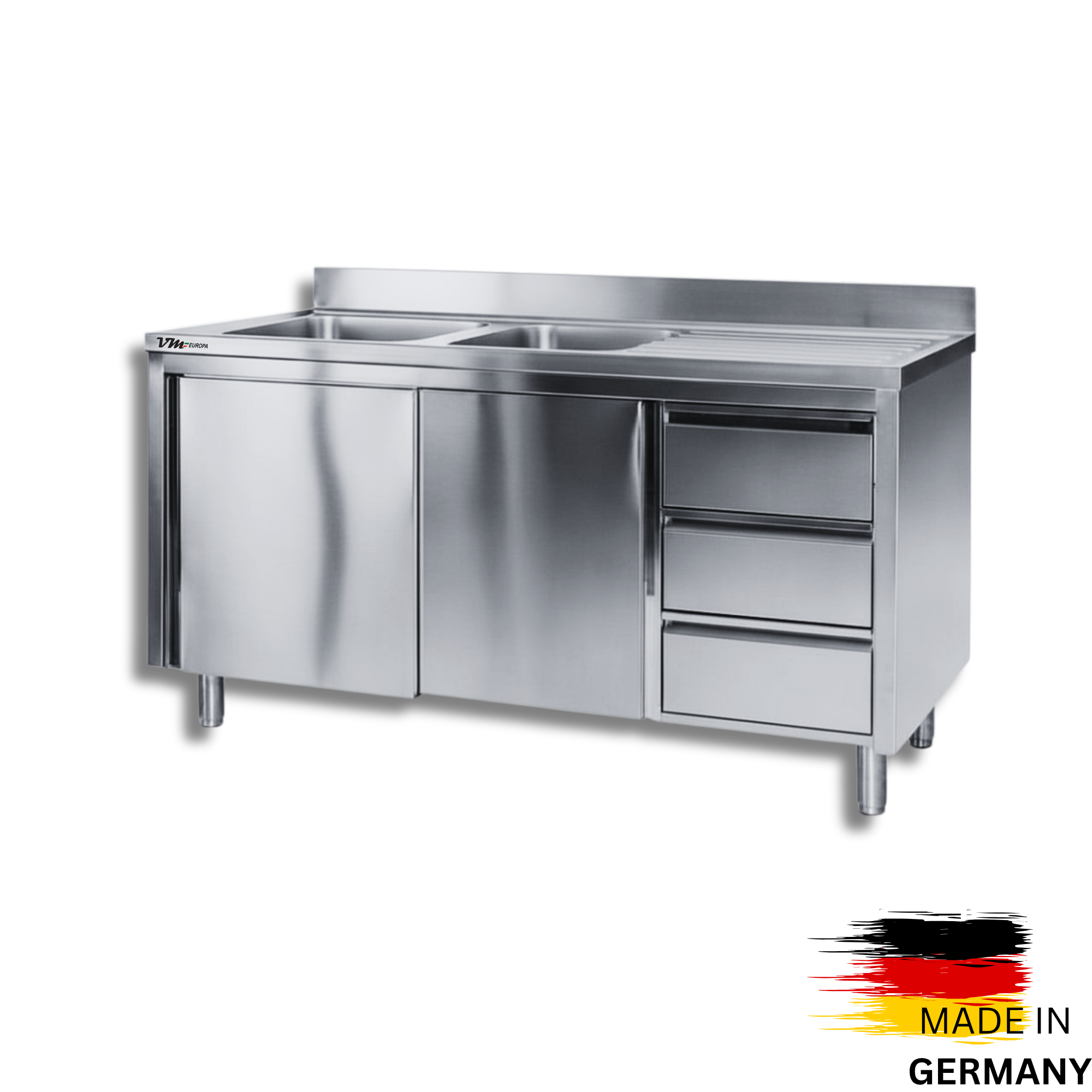 Edelstahl Spülschrank 2 Becken links, mit Aufkantung, 3 Schubladen rechts, Premium - alle Größen montiert