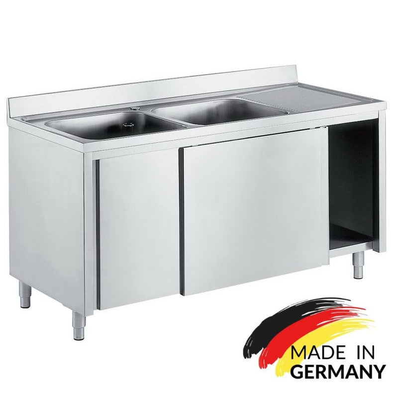 Edelstahl Spülschrank 2 Becken links, mit Aufkantung, Premium - alle Größen montiert