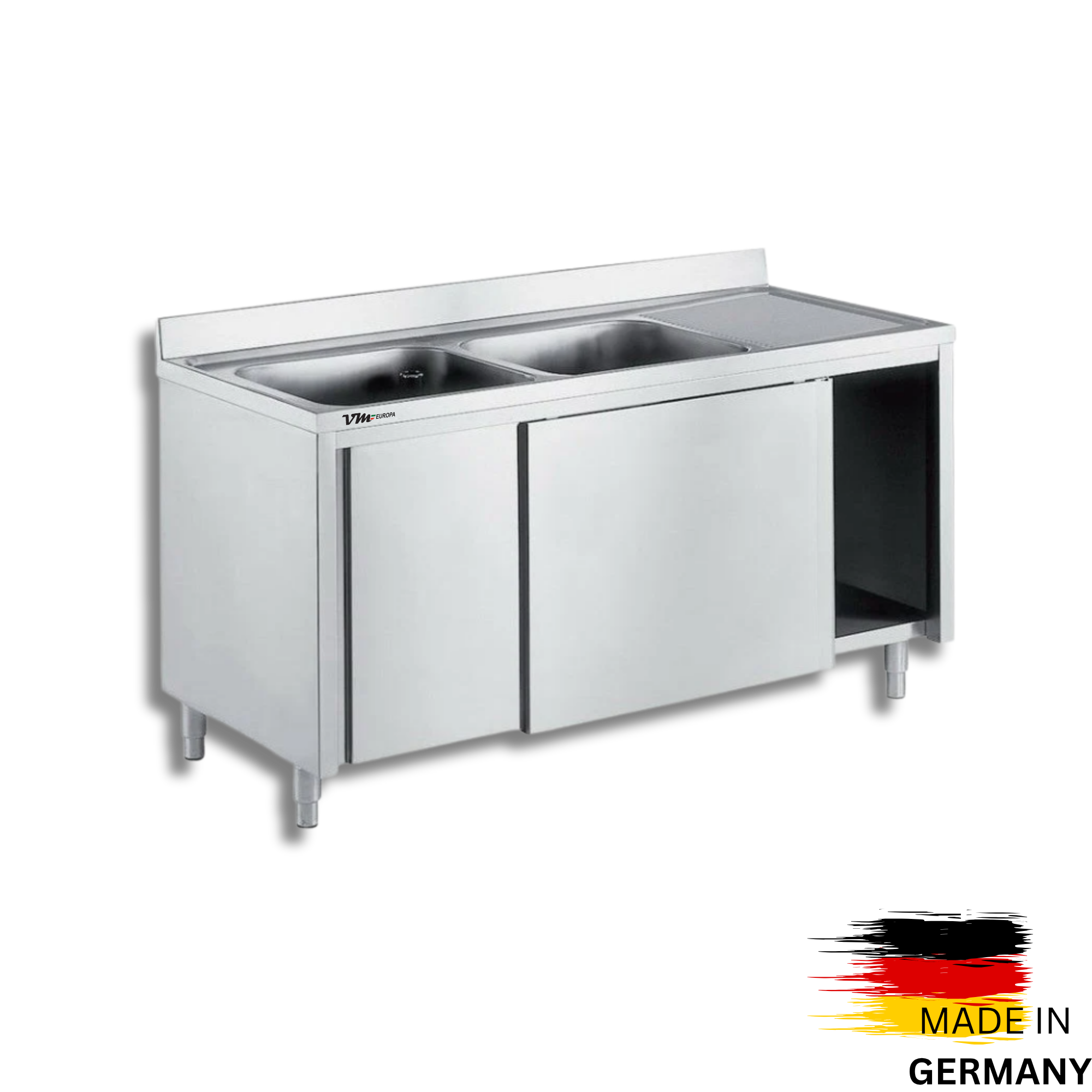 Edelstahl Spülschrank 2 Becken links, mit Aufkantung, Premium - alle Größen montiert