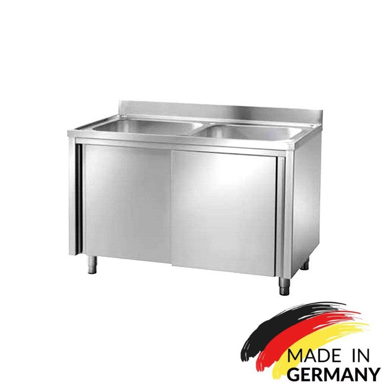 Edelstahl Spülschrank 2 Becken mittig, mit Aufkantung, Premium - alle Größen montiert