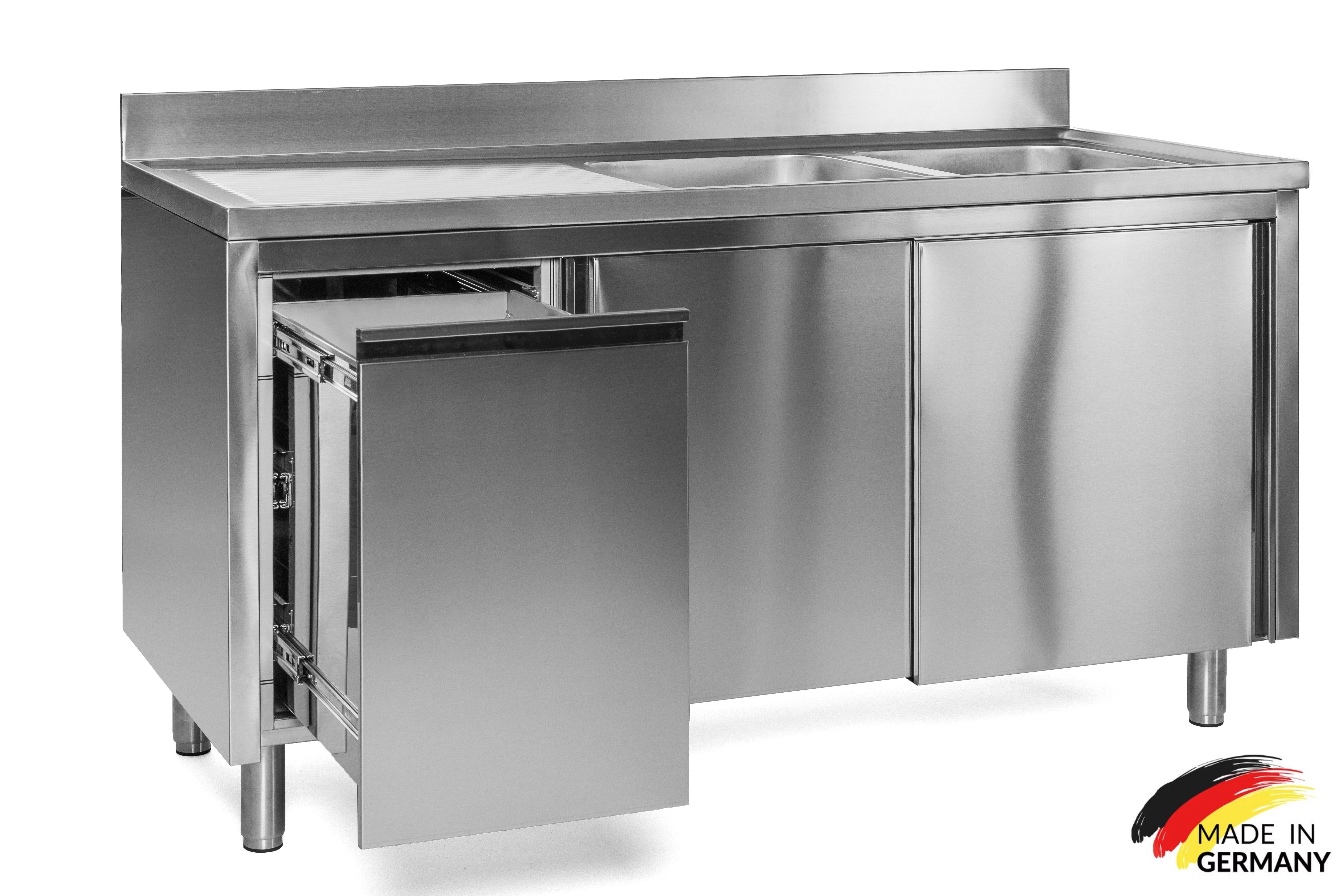 Edelstahl Spülschrank 2 Becken rechts, mit Aufkantung, Abfallbehälter links, Premium - alle Größen montiert