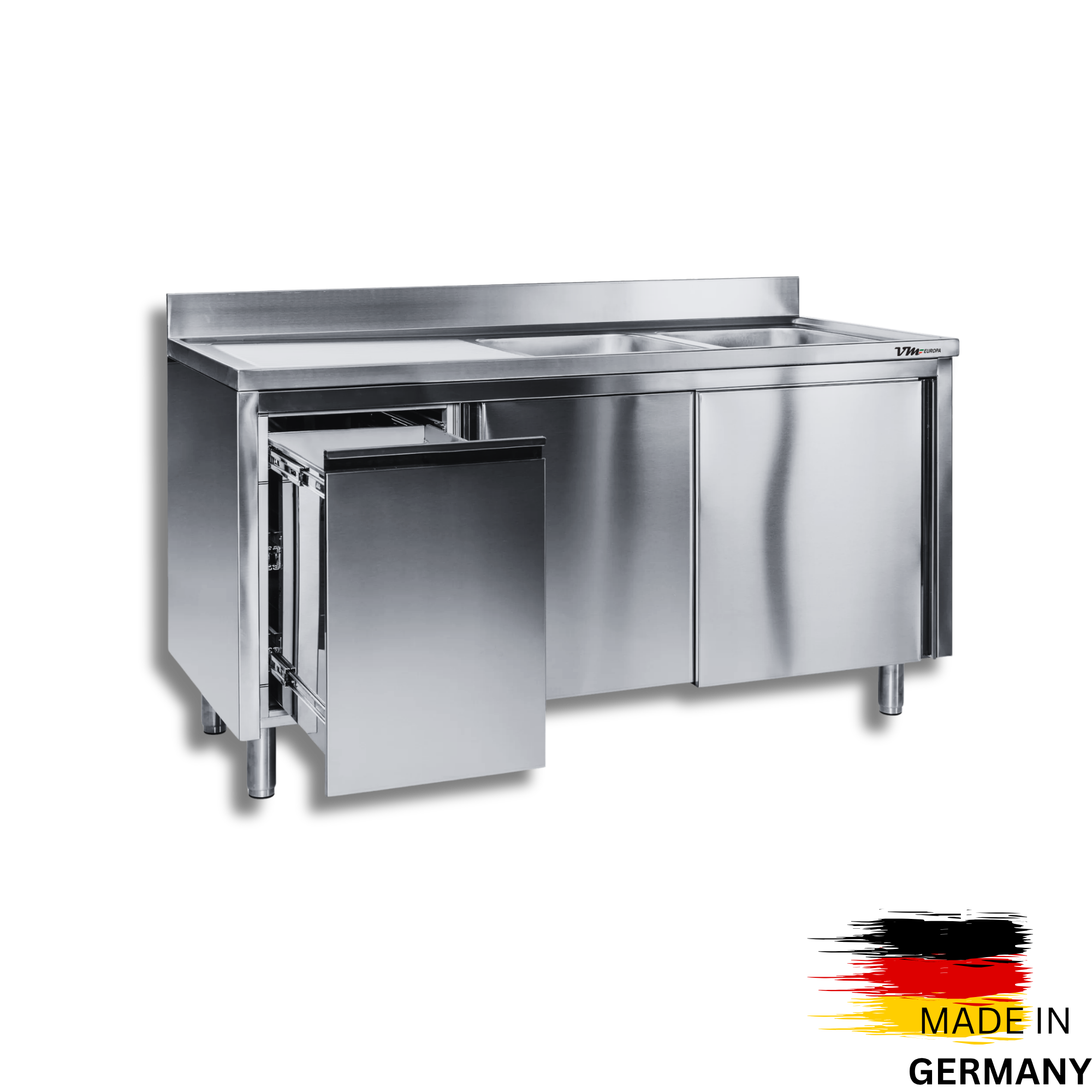 Edelstahl Spülschrank 2 Becken rechts, mit Aufkantung, Abfallbehälter links, Premium - alle Größen montiert
