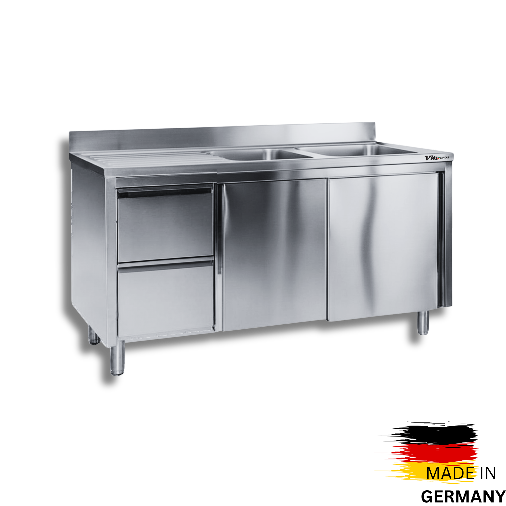 Edelstahl Spülschrank 2 Becken rechts, mit Aufkantung, 2 Schubladen links, Premium - alle Größen montiert