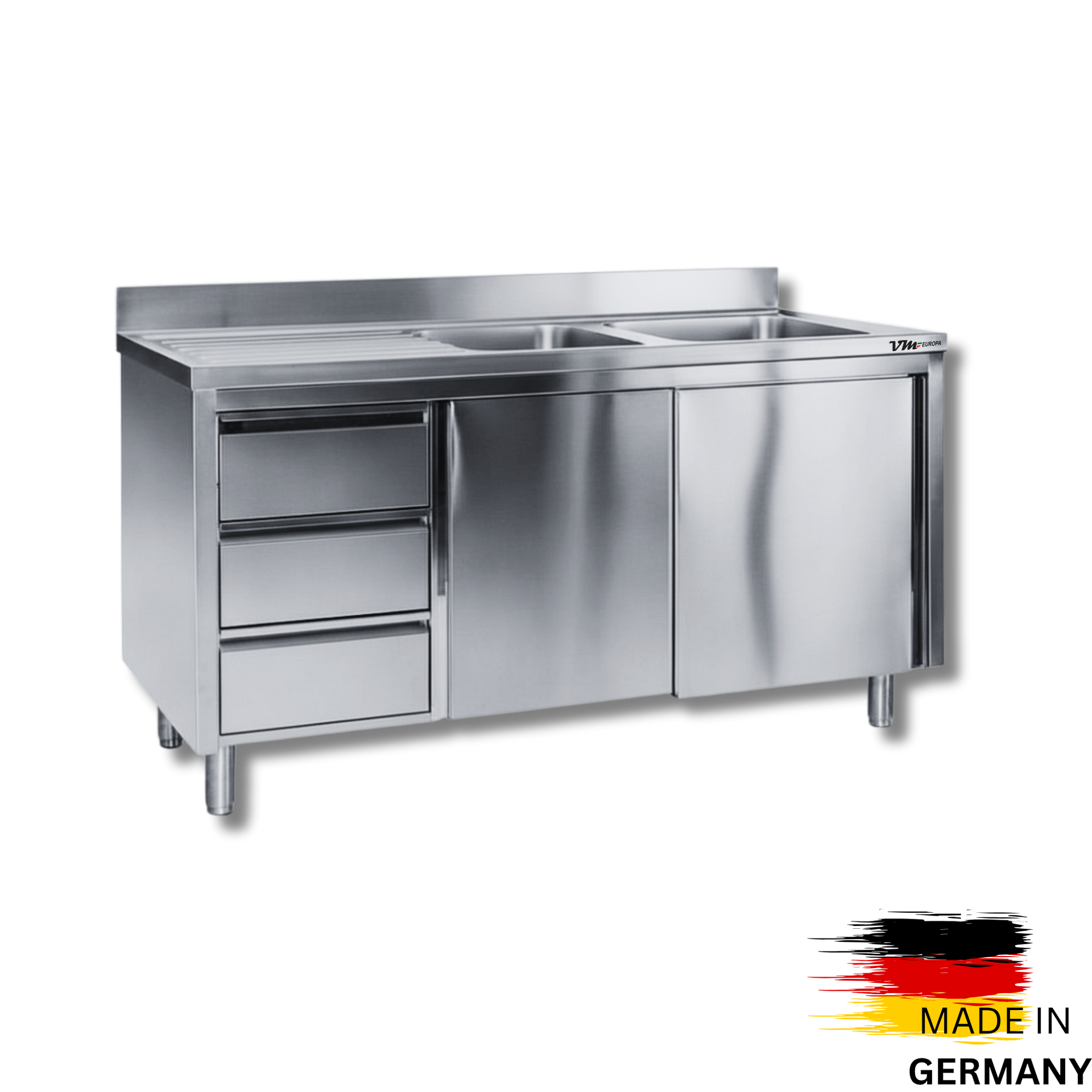 Edelstahl Spülschrank 2 Becken rechts, mit Aufkantung, 3 Schubladen links, Premium - alle Größen montiert