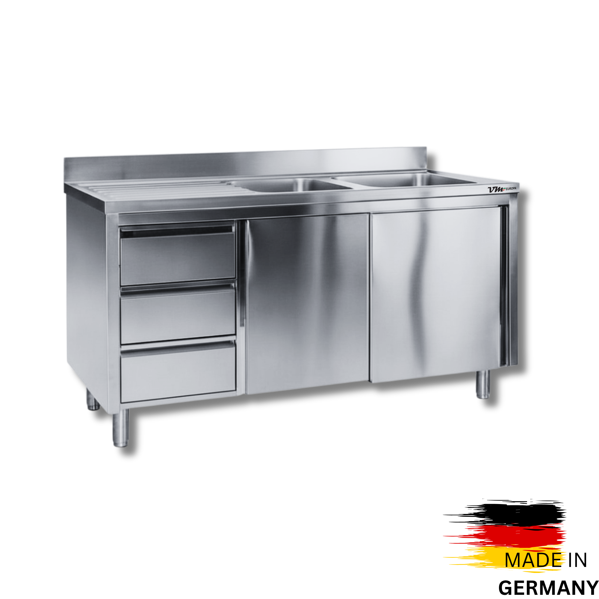 Edelstahl Spülschrank 2 Becken rechts, mit Aufkantung, 3 Schubladen links, Premium - alle Größen montiert