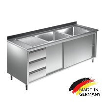 Edelstahl Spülschrank 2 Becken rechts, mit Aufkantung, 3 Schubladen links, Premium - alle Größen montiert