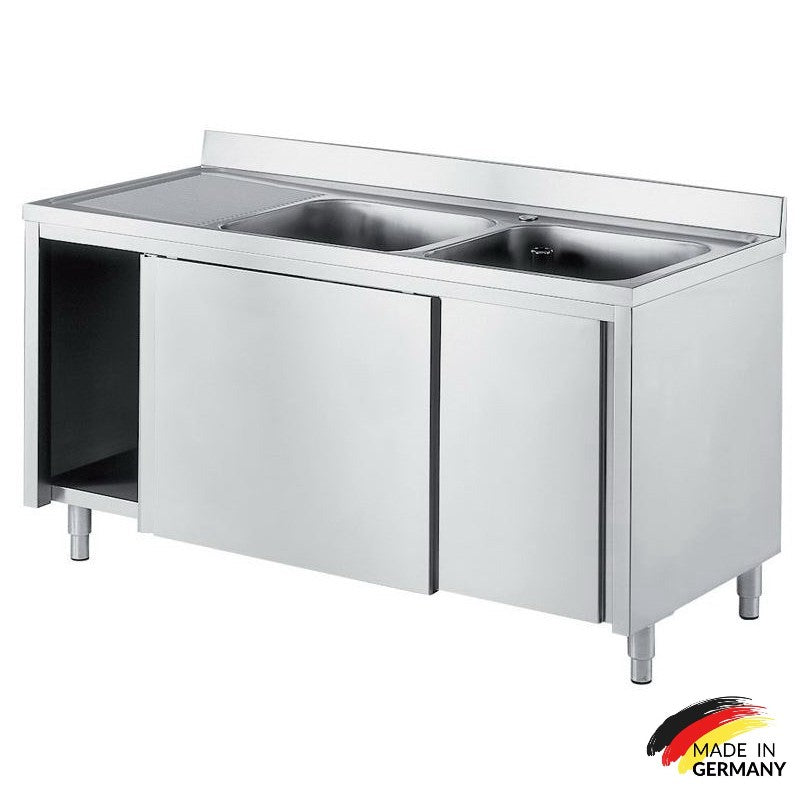 Edelstahl Spülschrank 2 Becken rechts, mit Aufkantung, Premium - alle Größen montiert