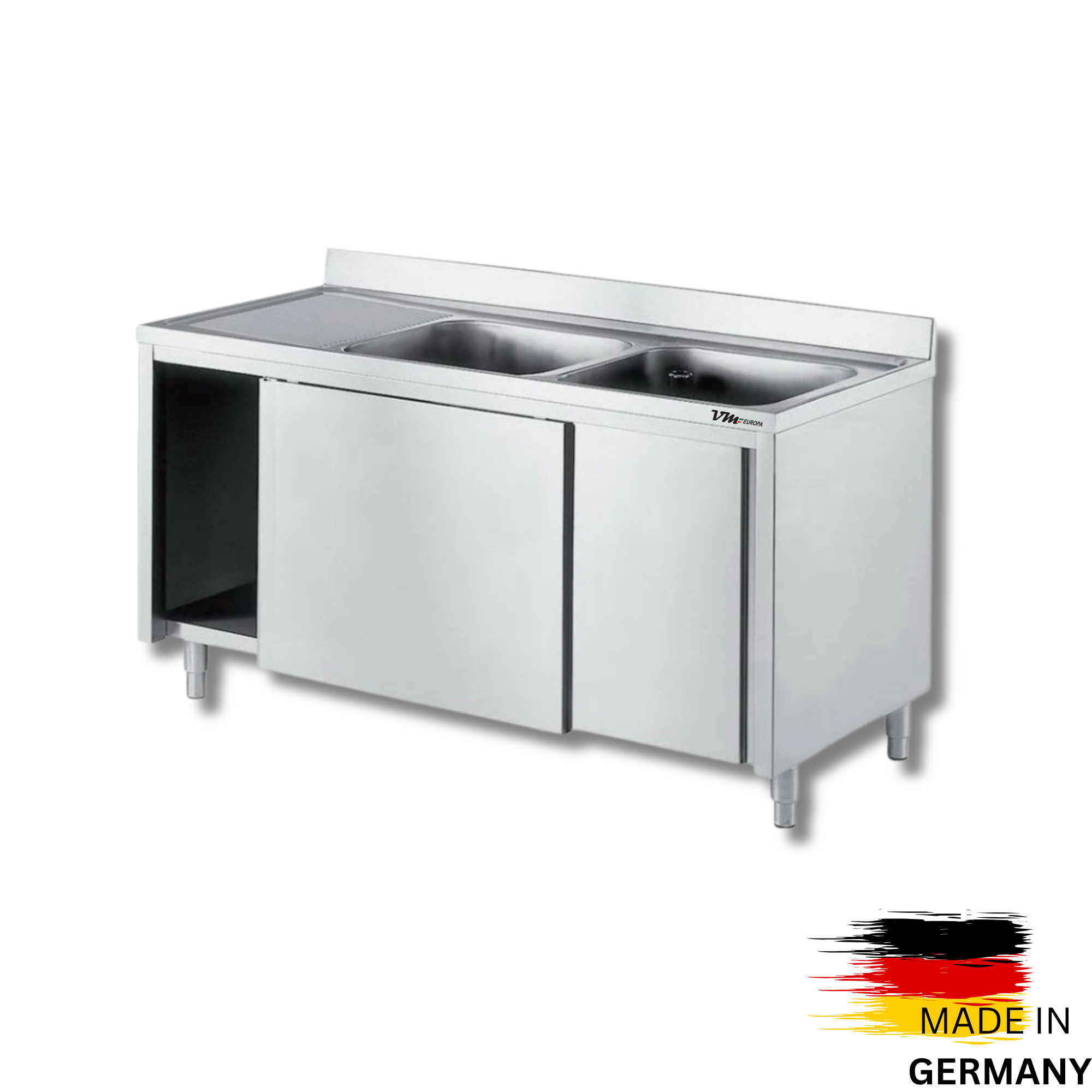 Edelstahl Spülschrank 2 Becken rechts, mit Aufkantung, Premium - alle Größen montiert