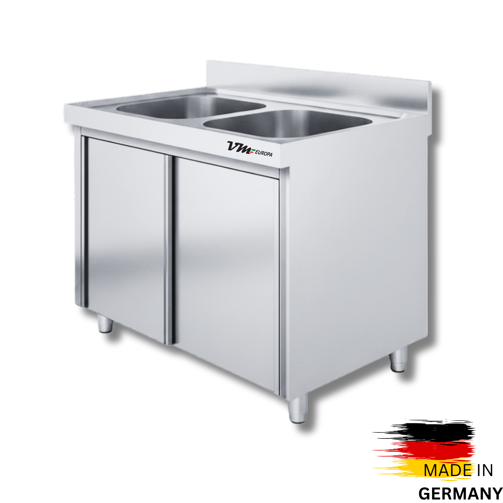Edelstahl Spülschrank 2 Becken mittig, mit Aufkantung, Premium - alle Größen montiert