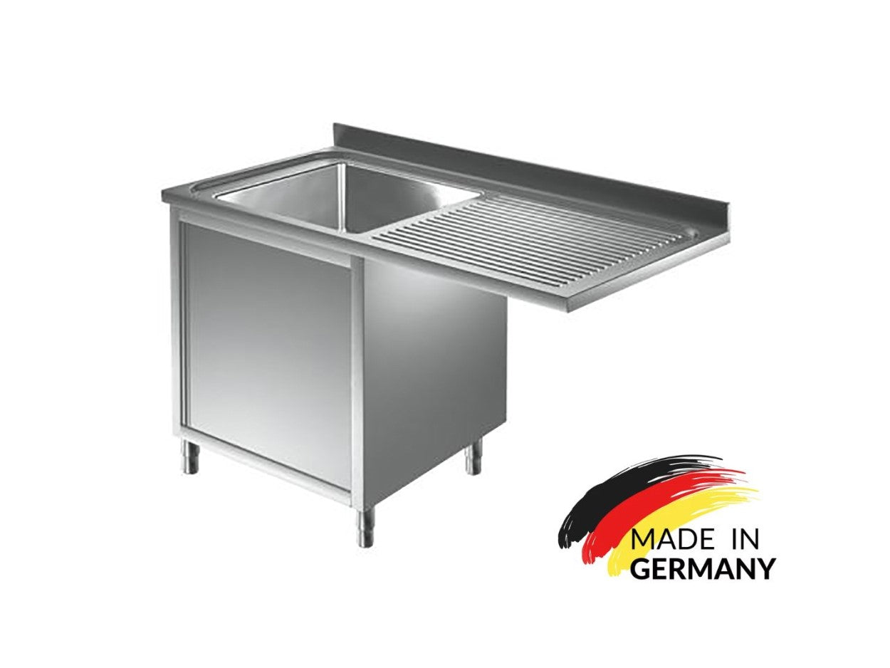 Edelstahl Spülmaschinenschrank bzw. Spülschrankzentrum, 1 Becken links, mit Aufkantung, Premium - alle Größen montiert