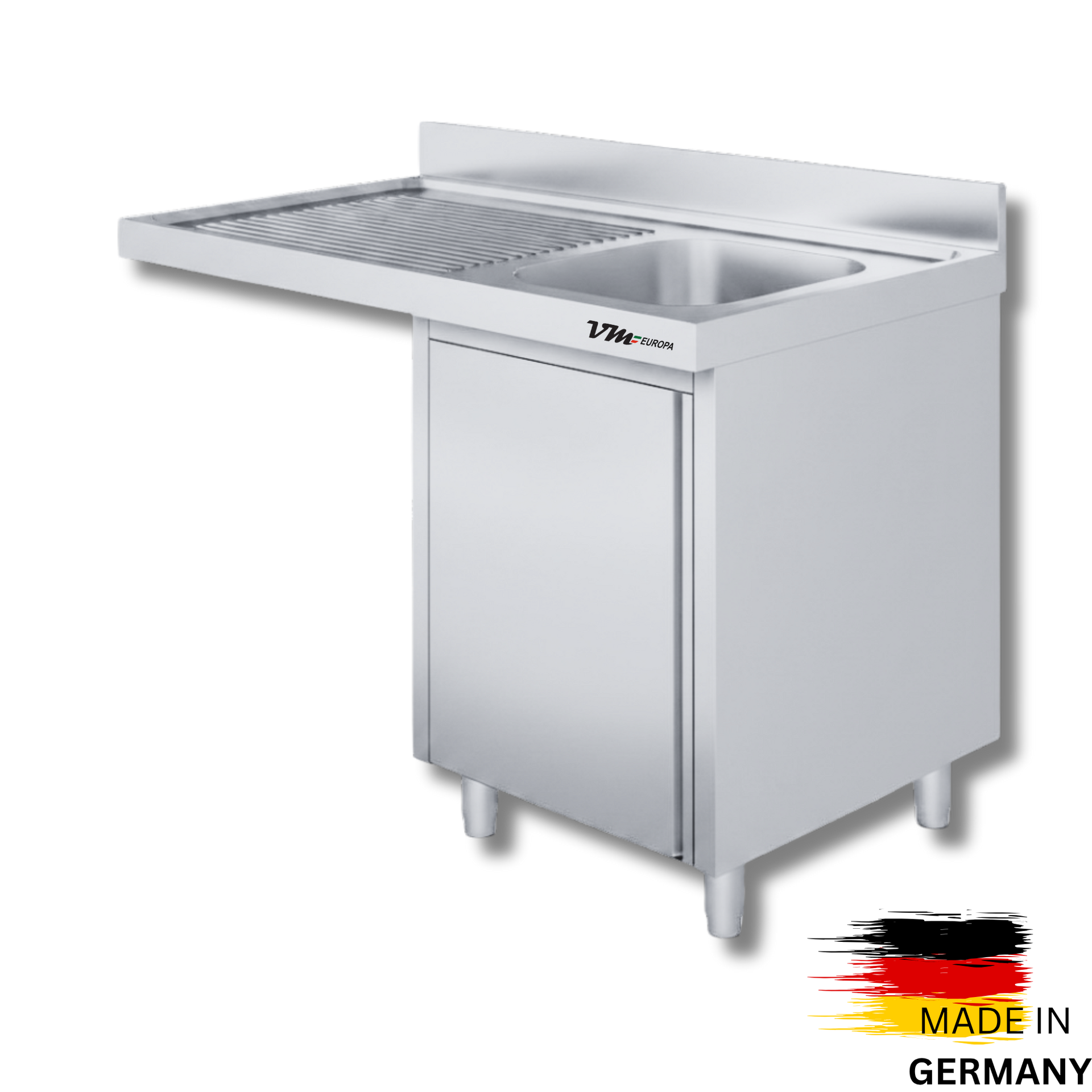 Edelstahl Spülmaschinenschrank bzw. Spülschrankzentrum, 1 Becken rechts, mit Aufkantung, Premium - alle Größen montiert