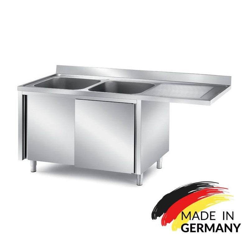 Edelstahl Spülmaschinenschrank bzw. Spülschrankzentrum, 2 Becken links, mit Aufkantung, Premium - alle Größen montiert