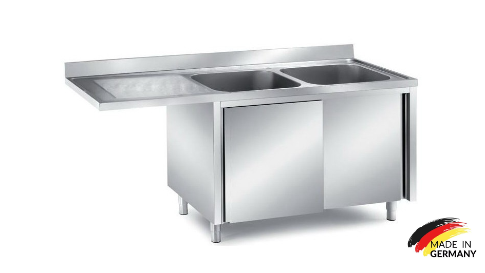 Edelstahl Spülmaschinenschrank bzw. Spülschrankzentrum, 2 Becken rechts, mit Aufkantung, Premium - alle Größen montiert